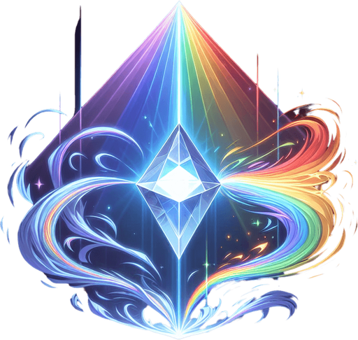A classic prism shape refracting a beam of white light into a rainbow spectrum. Could also be a figure surrounded by a swirling aura containing all the skill colors..
Single Game Texture.  In-Game asset.  2d.  Blank background.  High contrast.  No shadows