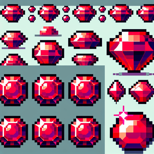 sprite sheet of a rotating vibrant shiny red blood ruby. the jewels should be neatly organized. pixelated. 8-bit.
Single Game Texture. In-Game asset. 2d. Blank background. High contrast. No shadows.