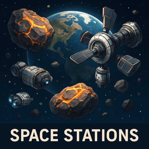 Uzay temalı global Cevher ticareti, uzay istasyonu, gerçekçi, Altında "Space Stations" yazsın.
In-Game asset.  High contrast.  No shadows