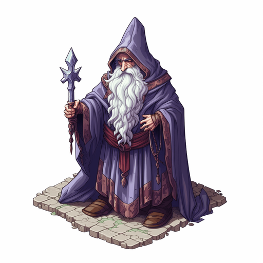 single wizard, hooded Pixel art, 16 bit, isometric, SNES, top-down, no background, white background, low resolution, symmetrical, seen from front.