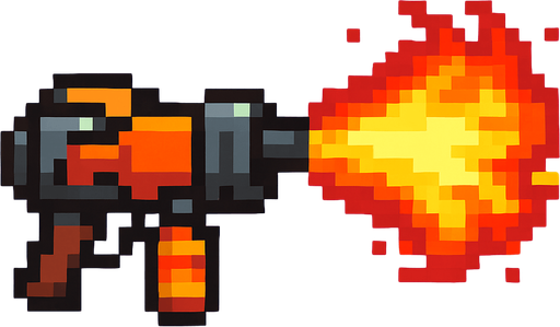 Flamethrower gun pixel.
In-Game asset.  2d.  High contrast.  No shadows