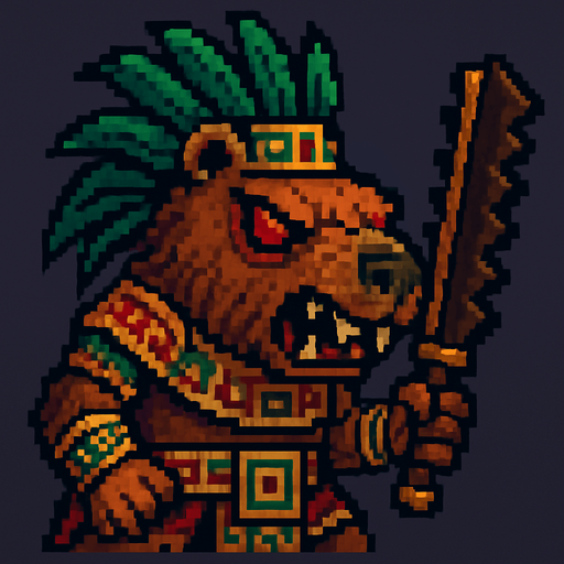 Genérame una Capibara guerrero azteca con eso patrones, estilo pixelar, con una apariencia maligna, ojos rojos, rabioso. Unidad cuerpo a cuerpo. Animal.
In-Game asset.  2d.  High contrast.  No shadows