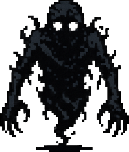 Create a pixel-art character sprite of "Karabasan" – a dark, shadowy figure from Turkish folklore known to sit on people’s chests during sleep. The character should be faceless or have a barely visible distorted face with empty glowing white eyes. Its body should appear as a mass of smoky darkness, loosely humanoid, with long arms, claw-like hands, and ragged shadowy edges. It should look like it’s floating slightly above ground. Retro horror 2D game style. PNG format with transparent background, idle position facing forward..
In-Game asset.  2d.  High contrast.  No shadows