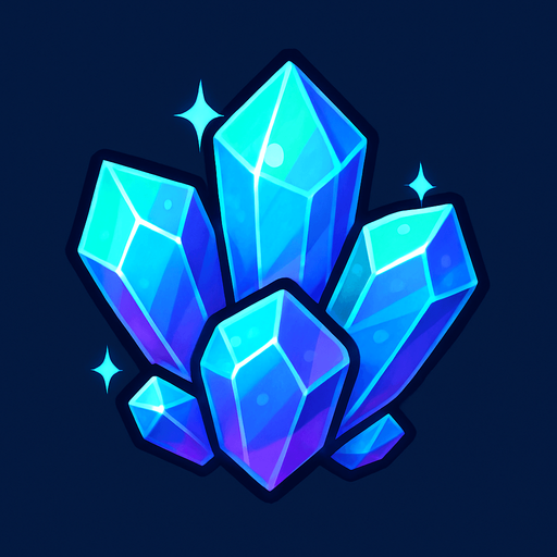 Crea un icono de cristales que represente el recurso mágico y avanzado. Debe ser un pequeño clúster de cristales facetados y brillantes (pueden ser de un solo color dominante o una mezcla sutil de azul, verde y púrpura), vistos directamente desde arriba. La superficie superior debe mostrar los planos de los cristales y un brillo translúcido que sugiera su naturaleza energética..
In-Game asset.  2d.  High contrast.  No shadows