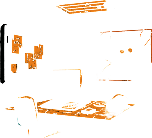 a creepy office.
In-Game asset.  2d.  High contrast.  No shadows