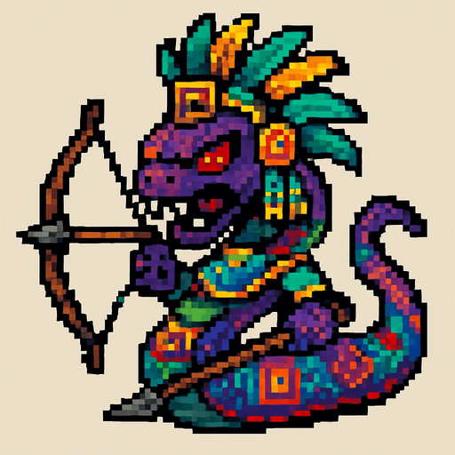 Genérame una Boa de arcoiris guerrero azteca con eso patrones, estilo pixelar, con una apariencia maligna, ojos rojos, rabioso. Unidad a distancia, con un arco o cerbatana. Animal.
In-Game asset.  2d.  High contrast.  No shadows