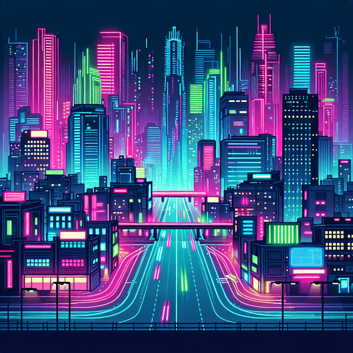 2d front view of a neon city  in the art style of a neon cyberpunk world.
Single Game Texture. In-Game asset. 2d. Blank background. High contrast. No shadows.