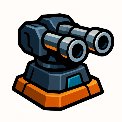 A duo barrel turret.
In-Game asset.  2d.  High contrast.  No shadows