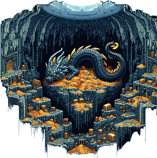 artistic background of the inside the depths of an unlit dark cave filled with a variety of treasures, and a dragon sleeping over a massive pile of treasure chests at its heart. pixelated. 8-bit.
Single Game Texture. In-Game asset. 2d. Blank background. High contrast. No shadows.