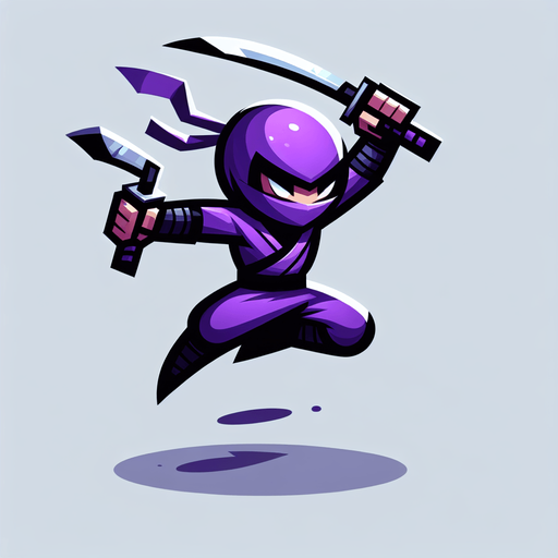 purple ninja with two blade jump style act for battle.
Single Game Texture.  In-Game asset.  2d.  Blank background.  High contrast.  No shadows