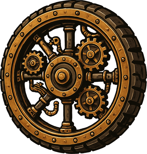has una rueda en estilo steampunk.
In-Game asset.  2d.  High contrast.  No shadows