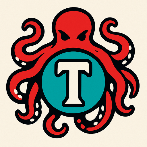 una letra t dentro de una esfera y un pulpo que la rodea.
In-Game asset.  2d.  High contrast.  No shadows