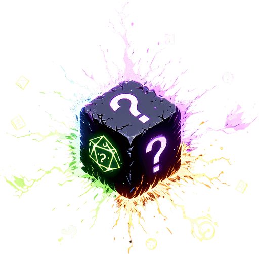 A crackling spark of energy rapidly shifting between multiple colors (purple, green, orange). Could also be a die symbol with elemental icons instead of pips, or a weapon impact with a question mark..
Single Game Texture.  In-Game asset.  2d.  Blank background.  High contrast.  No shadows