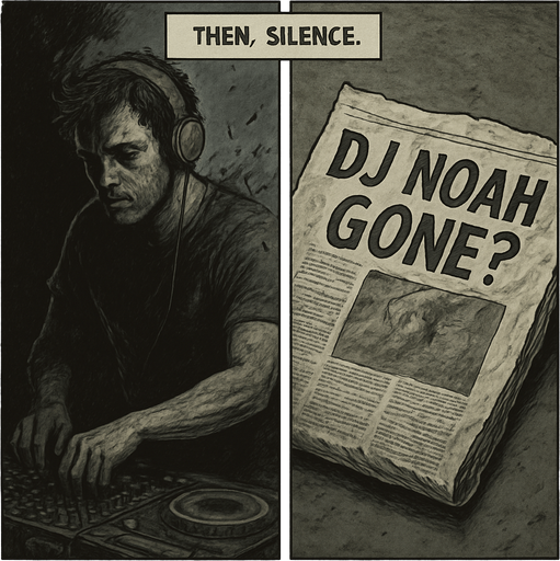 Realistic comic book style, 2048x2048. Split-frame design: left half shows Noah mid-performance dissolving into shadows; right half shows a crumpled newspaper with the headline "DJ NOAH GONE?". Desaturated colors, somber mood. Add a transparent narrator box at the top-center with the text: "Then, silence." in comic font..
In-Game asset.  2d.  High contrast.  No shadows