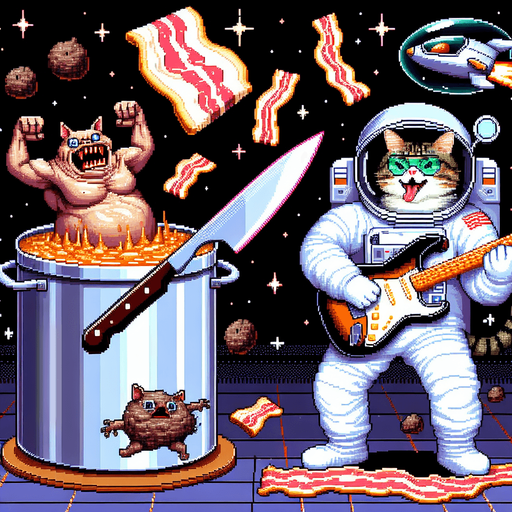 Epic clash of intergalactic tubs of lard and  anthropomorphic skillets cooking bacon while brandishing a switchblade knife versus a morbidly obese astronaut cat with a funny expression shooting sonic blasts from the fender Stratocaster being played, cinematic, exciting, 16-bit pixel art.
Single Game Texture. In-Game asset. 2d. Blank background. High contrast. No shadows.