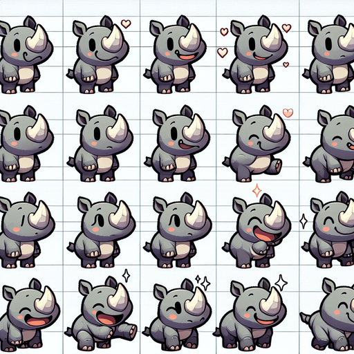 A spritesheet with a number of poses of an happy little rhino with a sun scorch, smiling, walking, waiting, standing, ordering, turning, etc. all seen from the side.The spritesheet should be laid out in a rectangular grid with clear space between each individual sprite. Each sprite in the sheet should be around 300x600 pixels in size..
Single Game Texture. In-Game asset. 2d. Blank background. High contrast. No shadows.