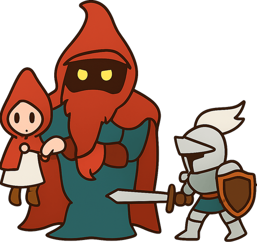final boss holding a white mage from the game and the knight from the game. No background. Transparent background. Blank background. No shadows. 2d. In-Game asset. flat