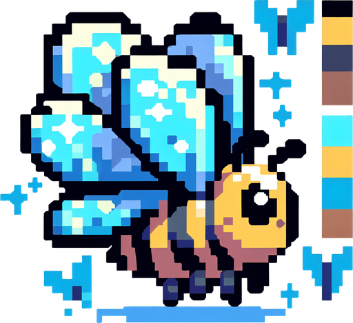 genera una abeja con alas de mariposa en pixel art solo de perfil mirando a la izquierda.
Single Game Texture.  In-Game asset.  2d.  Blank background.  High contrast.  No shadows