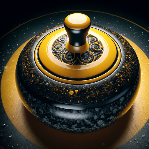 Black curlingstone with yellow top, top view.