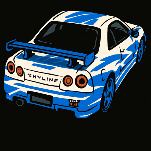 nissan gtr skyline vom 2 fast 2 furios.
In-Game asset.  2d.  High contrast.  No shadows aber in fahrtrichtung also von oben hinten sollte man auto sehen