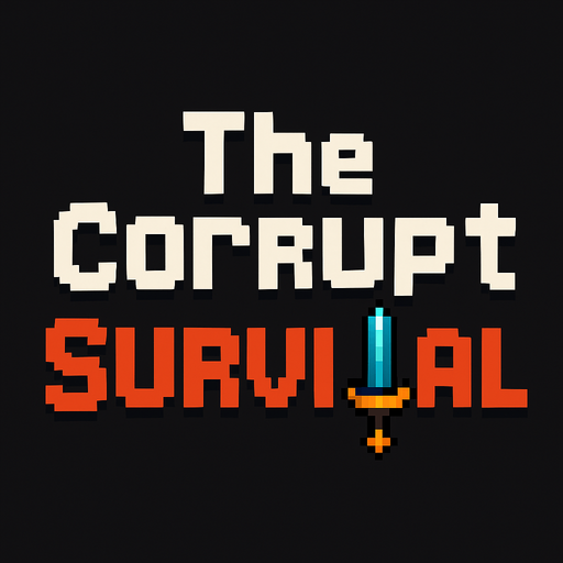 Crea una imagen de un texto que diga "The corrupt survival" qué sea pixel y en la palabra "i" ponle una espada pixel.
In-Game asset.  2d.  High contrast.  No shadows