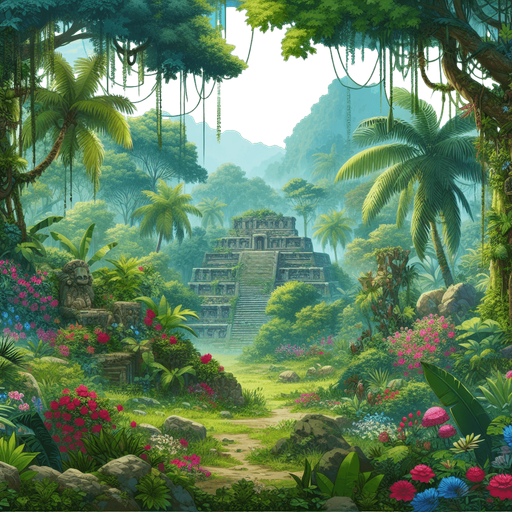 2d tropical sout america deep jungle. not far away, a ruins of ancient aztec temple..
Single Game Texture.  In-Game asset.  2d.  Blank background.  High contrast.  No shadows