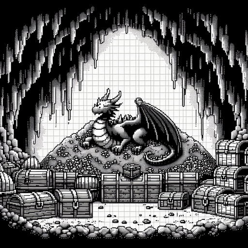 artistic background of the inside the depths of an unlit dark cave filled with a variety of treasures, and a dragon sleeping over a massive pile of treasure chests at its heart. pixelated. 8-bit.
Single Game Texture. In-Game asset. 2d. Blank background. High contrast. No shadows.