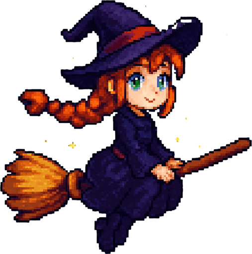 “High-quality 2D pixel art of a witch girl flying on a magic broomstick. She has fair skin, bright green eyes, and long orange braided hair. She is wearing a classic witch hat and outfit. She is sitting sideways on the broom (her body facing the viewer, but her head turned to look forward in the direction of flight). The background is a clear sky or night sky with stars. The art should have a magical, whimsical feeling with detailed shading and vibrant colors.”.
In-Game asset.  2d.  High contrast.  No shadows