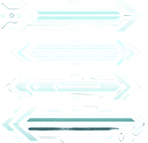 A set of dynamic, futuristic arrow indicators designed for a top-down 2D game. Each arrow is sleek and glowing, with a minimalistic design to fit a sci-fi aesthetic. The set includes four arrows pointing in cardinal directions: up, down, left, and right. These arrows have a subtle animated glow effect and are designed to overlay on a game floor to indicate navigable doorways after clearing a room. They are semi-transparent to avoid obstructing the gameplay view..
Single Game Texture. In-Game asset. 2D. Blank background. High contrast. No shadows. Includes four glowing arrows for cardinal directions (up, down, left, right). Designed for overlay on the game floor, semi-transparent with a glowing effect.