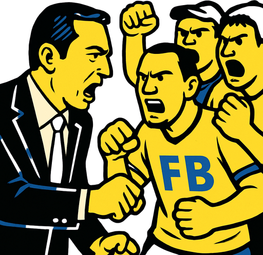 taraftarlarla kavga eden bir fenerbahce başkanı oluştur , başkan takım elbise giyiyor olsun , başkanın tipi ali koca benzesin .  taraftarlar da sarı fb forması giyen taraftar olsunlar.
In-Game asset.  2d.  High contrast.  No shadows