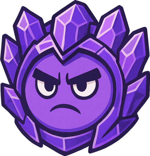 a purple circle with purple crystal armour and a sturn look on his face. only the head
In-Game asset.  2d.  High contrast.  No shadows