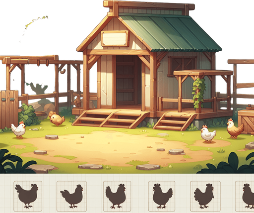 background chicken coop.
Single Game Texture. In-Game asset. 2d. Blank background. High contrast. No shadows.