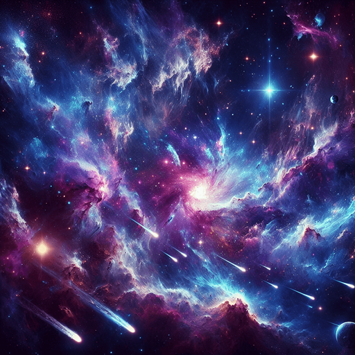 A looping animated GIF of a cosmic scene in deep space, showcasing a vibrant blue and purple galaxy with stars, planets, and comets. The background has swirling nebulae with bright, glowing areas, giving a mystical and expansive feel. Comets move across the scene, leaving trails as they pass, adding a dynamic element to the vast, star-studded universe. The GIF format captures the continuous, endless motion of the comets and stars, evoking a sense of wonder and infinity..
Single Game Texture. In-Game asset. 2d. Blank background. High contrast. No shadows.