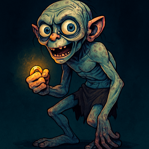 A full-body stylized illustration of Smeagol (Gollum), showing his thin, hunched frame and large expressive eyes. He is barefoot and shirtless, wearing ragged shorts, with exaggerated cartoonish features that highlight his creepy yet pitiful nature. He clutches a glowing precious ring tightly in one hand. The art style is dark fantasy with vibrant colors, detailed skin textures, and a shadowy, mysterious background to enhance the eerie atmosphere. Perfect for full-character concept art or game design..
In-Game asset.  2d.  High contrast.  No shadows