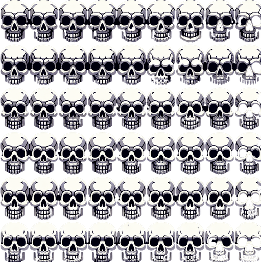 a collection of skulls arranged in horizontal rows.
Single Game Texture.  In-Game asset.  2d.  Blank background.  High contrast.  No shadows