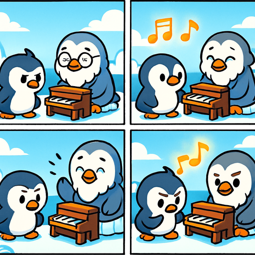 4-panel comic strip, no text, cute cartoon style, bright colors, black outlines.
Characters: Penguin Hero (small, determined) + Penguin Princess (elegant, crown) + Village Penguins
Central Theme: Music connects hearts, piano mastery wins love. Story: Old wise penguin teaches Hero about music and courage

Panel 1: Hero meets old penguin with small piano on ice floe
Panel 2: Old penguin demonstrates simple piano scales, notes are warm/golden
Panel 3: Hero tries playing, makes mistakes but old penguin encourages
Panel 4: Hero practices with determination, musical notes getting brighter.
In-Game asset.  2d.  High contrast.  No shadows