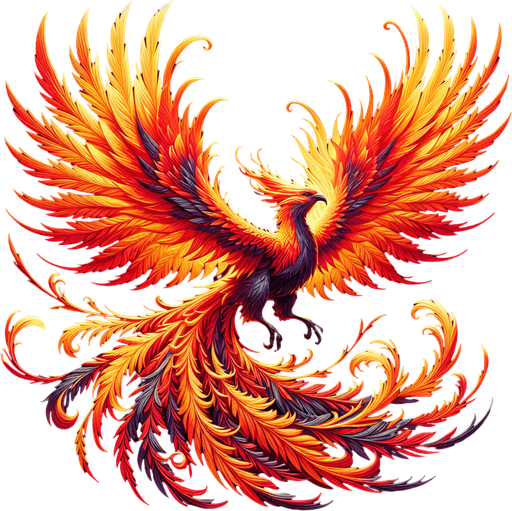 A fiery Phoenix with wings outspread..
Single Game Texture. In-Game asset. 2d. Blank background. High contrast. No shadows.