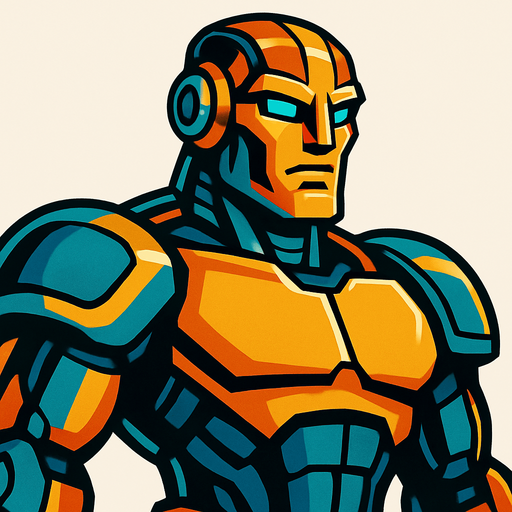 gözü açık güçlü yakışıklı robot.
In-Game asset.  2d.  High contrast.  No shadows