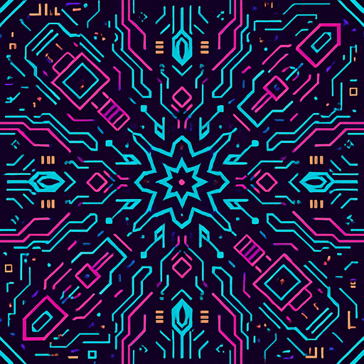 Cyberpunk style kaleidoscope pattern design for homepage.
In-Game asset.  2d.  High contrast.  No shadows