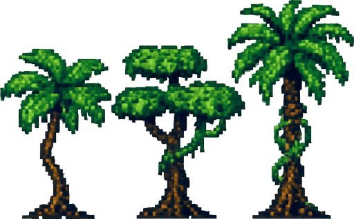 Generame arboles pixelar, de jungla, en fondo balnco.
In-Game asset.  2d.  High contrast.  No shadows