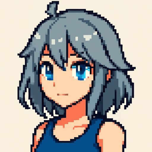 Beautiful anime-style girl with gray hair and light blue eyes. Game image. 2D. High contrast. No shadows. Pixel art..
In-Game asset.  2d.  High contrast.  No shadows