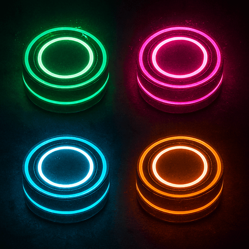 make it neon cyberpunk style, make one green, one pink, one light blue, and one orange, add a white circle in the middle of each
