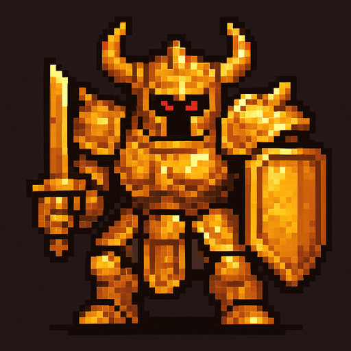 boss düşman altın zırh pixel art.
In-Game asset.  2d.  High contrast.  No shadows