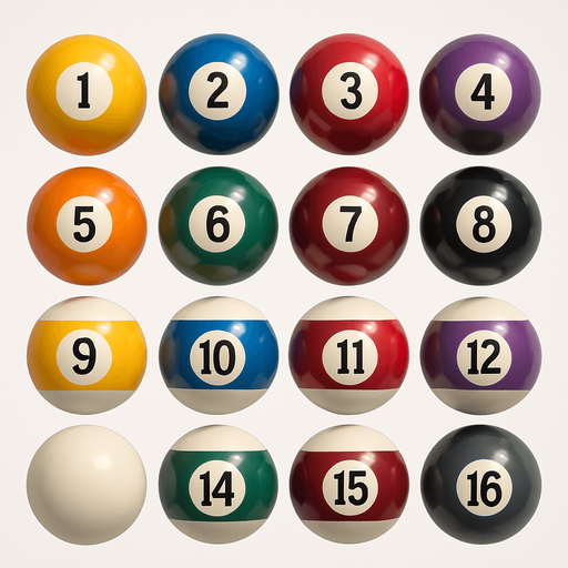 16 ball of billiard, 3D colors, 3d texture, HD colors.
In-Game asset.  High contrast.  No shadows. 3D