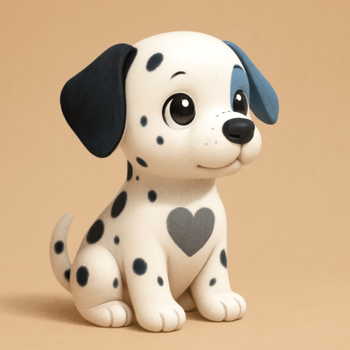 A white dog with black spots on him and one ear black and one ear blue. Make it a sitting dog with a heart grey hole in the middle of the body and make it SOOOO  cute with big cute eyes with shines in them and make the dog facing right.
Kinda 3d. Some Shadows.