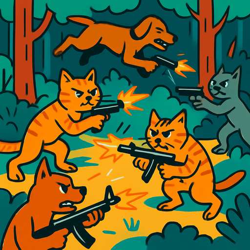 silahlı çaatışma içinde olan kediler ve köperklerle dolu bir orman.
In-Game asset.  2d.  High contrast.  No shadows