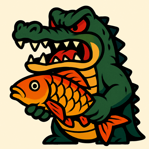 Angry crocodile holding a carp.
In-Game asset.  2d.  High contrast.  No shadows