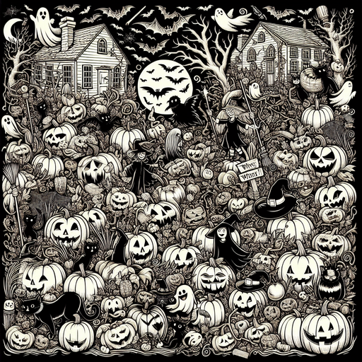 Generate a high quality cartoon background Halloween image on a black canvas similar to the format of where is waldo.
Single Game Texture. In-Game asset. 2d. Blank background. High contrast. No shadows.