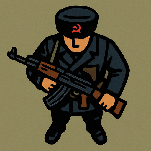 A Soviet policeman, heavily armed..
In-Game asset.  2d.  High contrast.  No shadows. Top down view