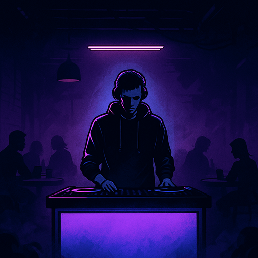 A cinematic comic book-style vertical panel, 2048x2732. Inside a moody, dimly lit underground bar, a lone DJ (Noah) stands behind a glowing DJ booth, facing forward but with his head slightly bowed. Sparse silhouettes of a few customers sit at shadowy tables, blurred by distance and smoke. Purple and blue neon lights gently illuminate the space. The atmosphere feels still, as if something important just began. A faint spotlight outlines Noah's figure. This scene conveys calm before momentum, subtle drama and emotional depth. No text or narration in the image..
In-Game asset.  2d.  High contrast.  No shadows